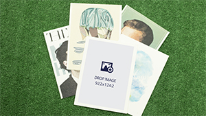Print image mockup featuring a flatlay  of artistic postcards on a green grass-like floor